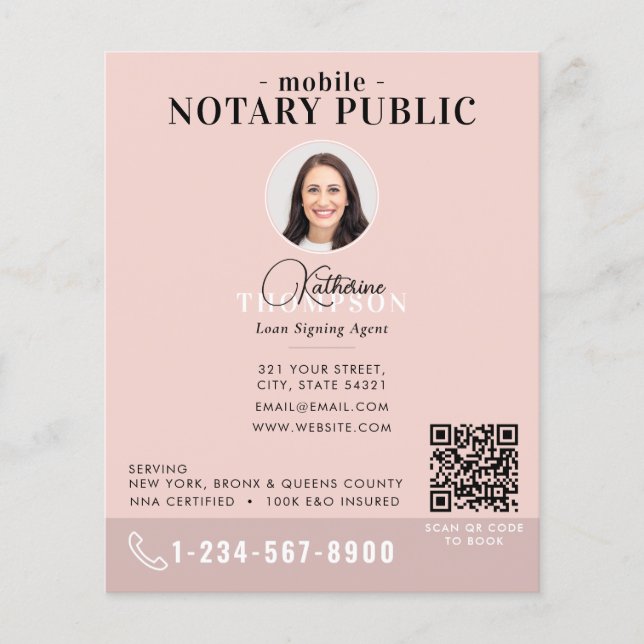 Notarie Signing Agent Modern Rosa Foto QR-kod Flygblad (Framsidan)