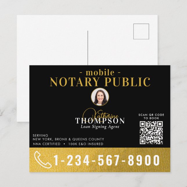 Notarie underskrift agent Svart Guld Foto QR-kod Vykort (Fram/baksida)