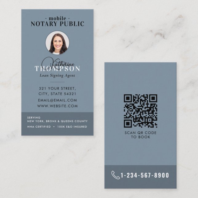 Notarie underskriftsagent Modern Blå Foto QR-kod Visitkort (Fram/baksida)