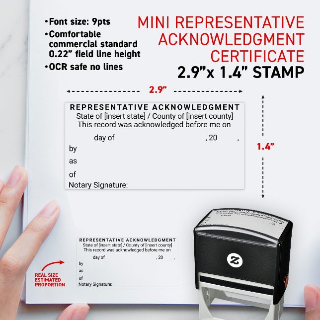 Notarierepresentantens erkännandeintyg självfärgande stämpel (Short form universal notary acknowledgment in a representative capacity mini self-inking stamp)