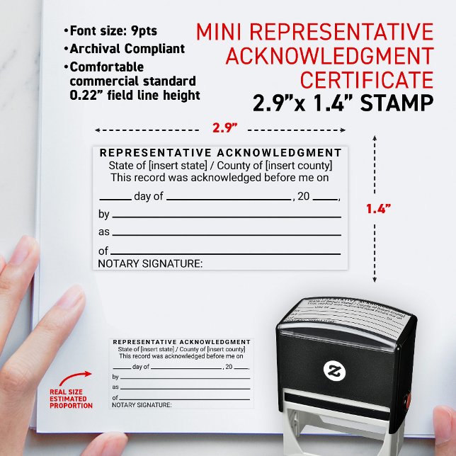 Notarierepresentantens erkännandeintyg självfärgande stämpel (Short form universal notary acknowledgment in a representative capacity mini self-inking stamp)