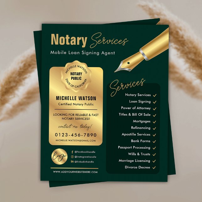 Notariskt lån som undertecknar Agent Frimärke Grön Flygblad (Modern green and gold notary loan signing agent marketing flyer with your custom photo and logo)