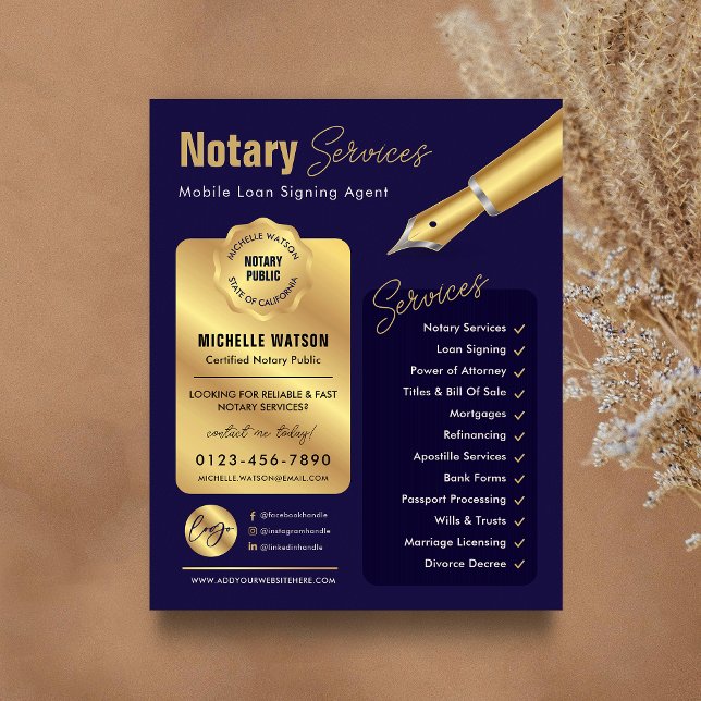 Notariskt lån Undertecknande av Agent Frimärke flo Flygblad (Modern navy blue and gold notary public marketing flyer with your custom photo and logo)
