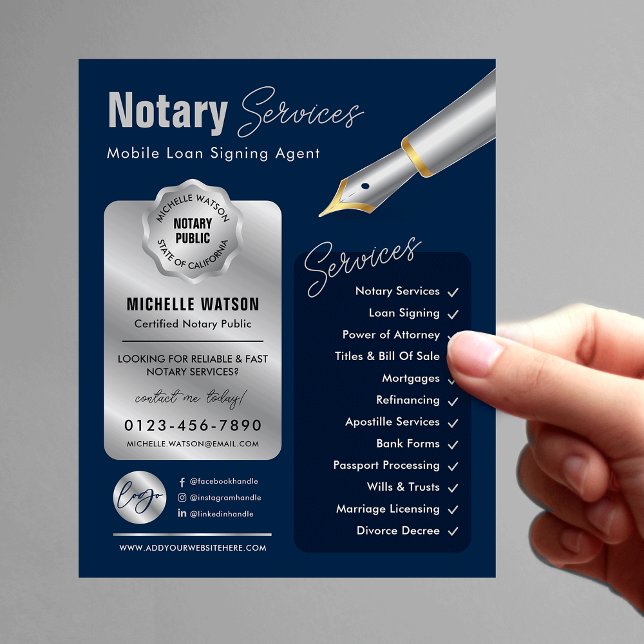Notariskt lån Undertecknande av Agent Frimärke flo Flygblad (Modern navy blue and silver notary public marketing flyer with your custom photo and logo)