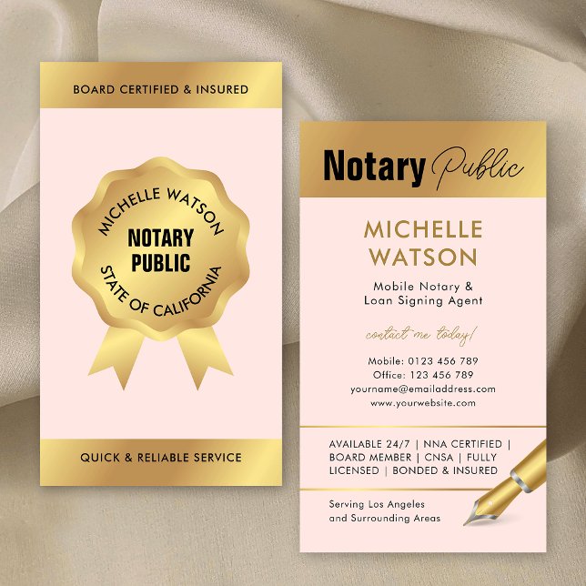 Notariskt lån undertecknar Agent Modern  Rosa och  Visitkort (Feminine notary public loan signing agent business cards in blush pink and gold)