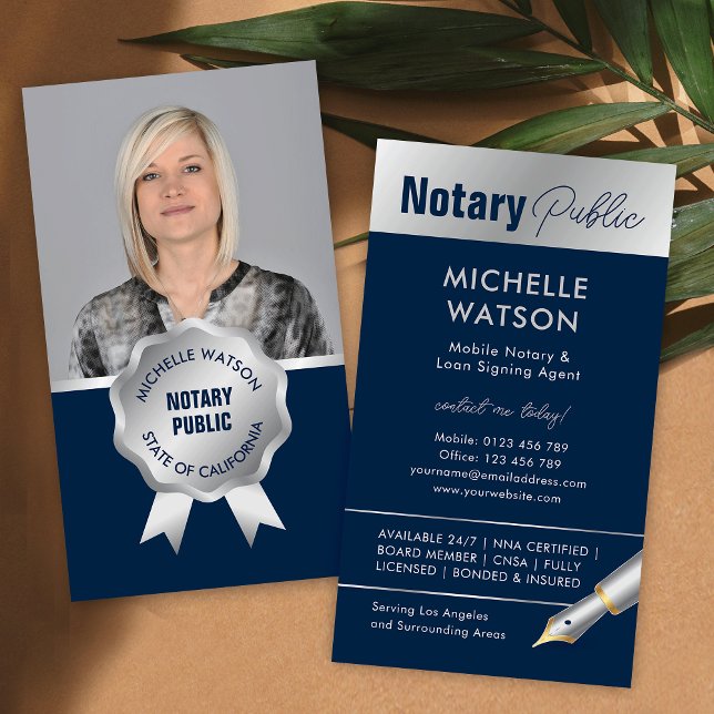 Notariskt offentligt lån, Agent fotoflotta och Sil Visitkort (Stylish notary public & lawyer photo business cards in navy blue and silver)