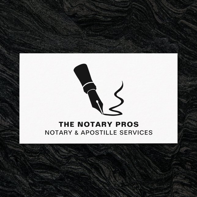 Notariskt offentligt lån Undertecknande Modern Fon Visitkort (Modern fountain pen business card for a Notary. Shown on a dark background.)
