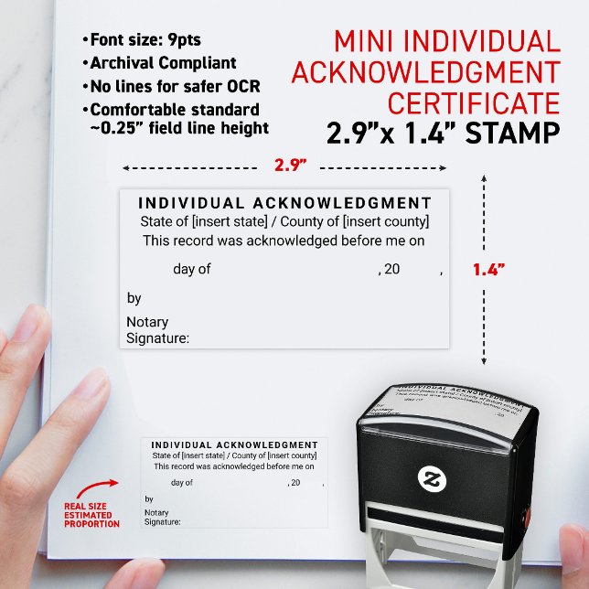 Notarius Individuell Bekräftelse mini Certifikat Självfärgande Stämpel (Simplified compliant form for Notary Individual Acknowledgement Certificate small 2.9x1.4" stamp)