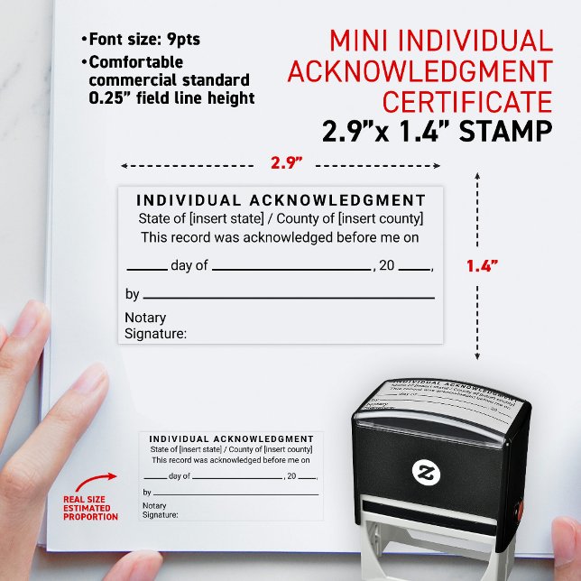 Notarius Individuell Bekräftelse mini Certifikat Självfärgande Stämpel (Simplified compliant form for Notary Individual Acknowledgement Certificate small 2.9x1.4" stamp)