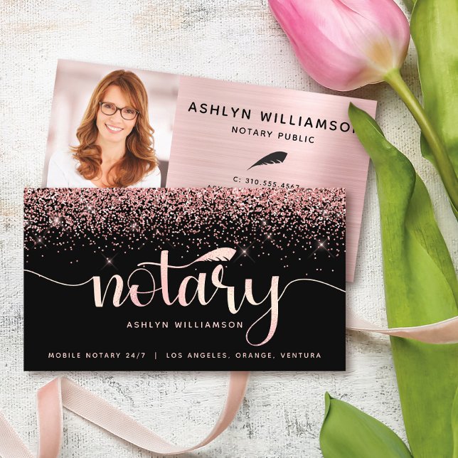 Notary Black Rosa Glitter Photo Loan Signing Agent Visitkort (Skapare uppladdad)