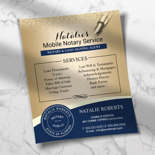 Notary Frimärke Loan Signing Agent marin & Guld Flygblad (Skapare uppladdad)