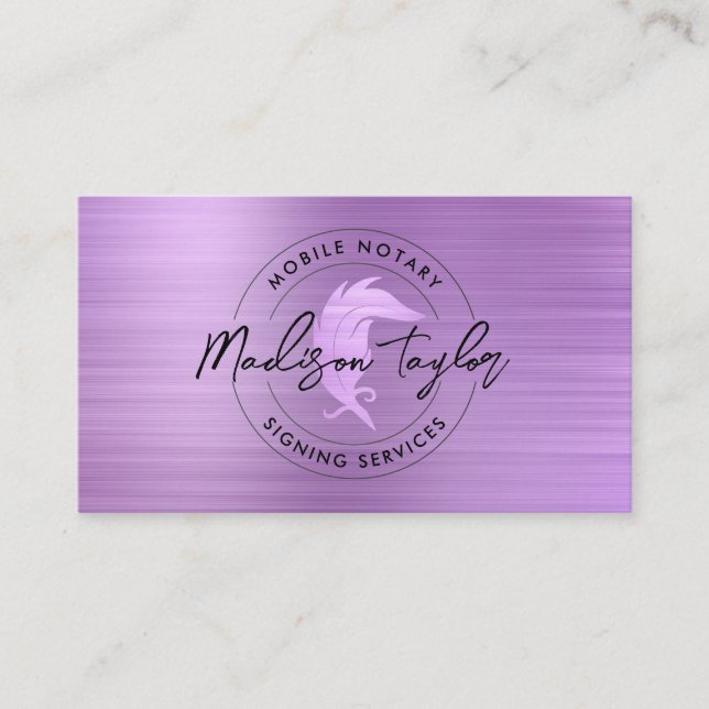 Notary Loan Agent Lila Glam Brushed Metall Quill Visitkort (Framsida)