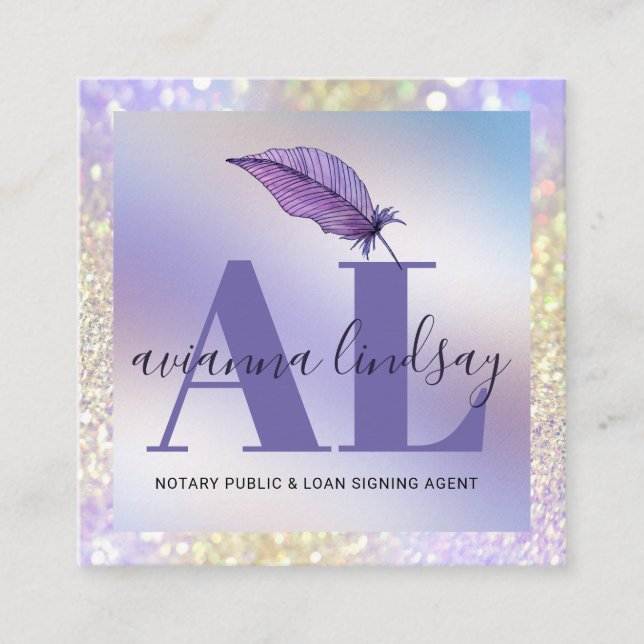 Notary Loan Signing Agent Lila Glitter Monogram Fyrkantigt Visitkort (Framsida)