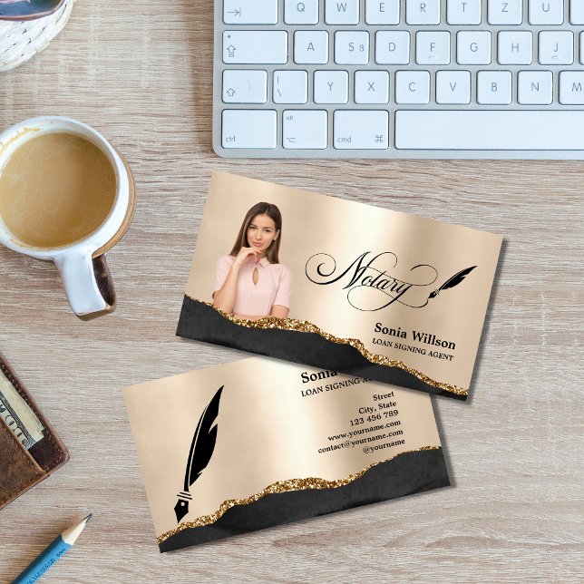 Notary Loan Signing Agent Modern Black Guld Photo Visitkort (Skapare uppladdad)