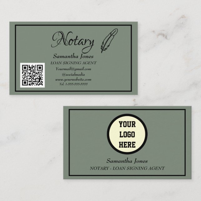 Notary Loan Signing Agent QR-kodsedel Grönt för Visitkort (Fram/baksida)