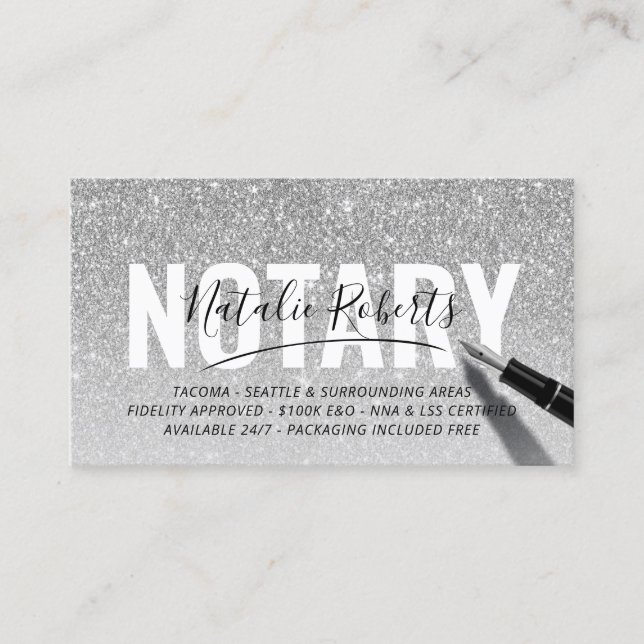 Notary Loan Signing Agent Silver Glitter Namnteckn Visitkort (Framsida)