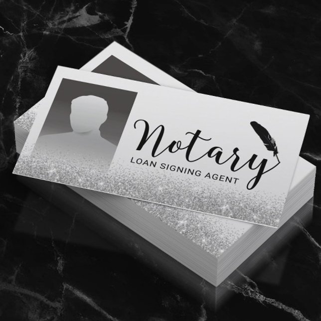 Notary Loan Signing Agent Silver Glitter Photo Visitkort (Skapare uppladdad)