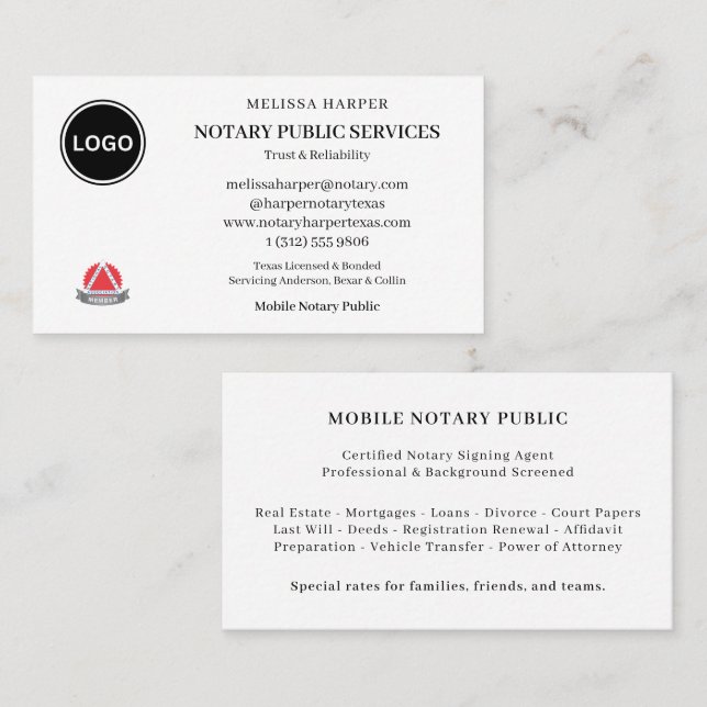 Notary Logo Mobile Service  Visitkort (Fram/baksida)