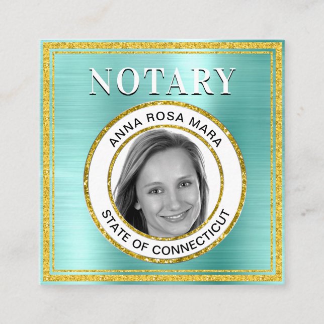 *~* NOTARY PHOTO METALL AQUA Signing Agent Fyrkantigt Visitkort (Framsida)