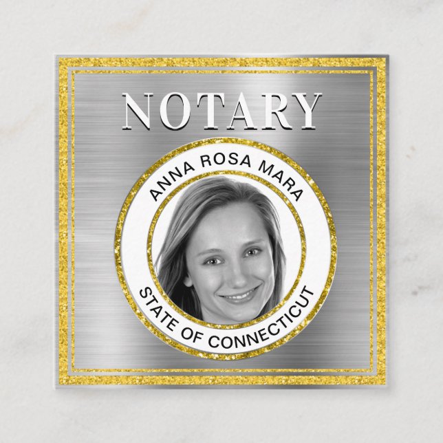 *~* NOTARY PHOTO METALL SILVER Signing Agent Fyrkantigt Visitkort (Framsida)