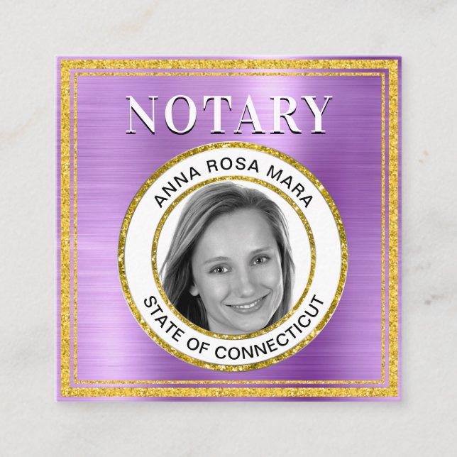 *~* NOTARY PHOTO METALL VIOLET Signing Agent  Fyrkantigt Visitkort (Framsida)