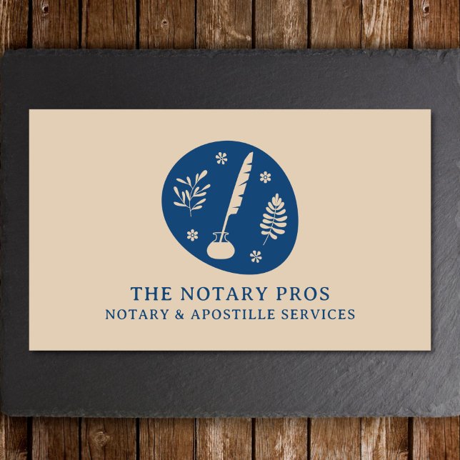 Notary Public Apostille Service Earthy Boho Quill Visitkort (A notary business card featuring a quill in a boho style. Shown on a slate and wood background. )