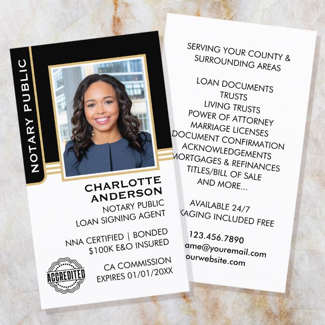 Notary Public Loan Signing Agent ID Black Guld Visitkort (Skapare uppladdad)