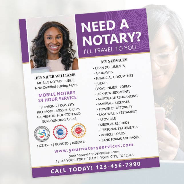 Notary Public Loan Signing Agent Lila Editable Flygblad (Skapare uppladdad)