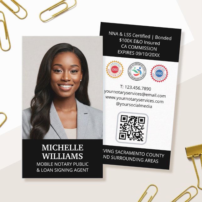 Notary Public Sigation Agent Photo QR Code Black Visitkort (Skapare uppladdad)