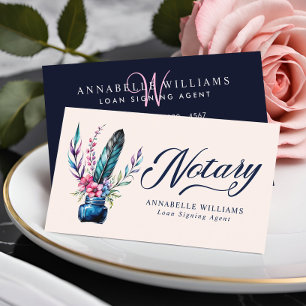 Notary Public Watercolor Quill Feather Monogram Visitkort