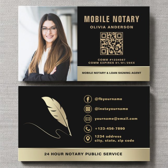 Notary Sigary Agent QR-kod Photo Black & Guld Visitkort (Skapare uppladdad)