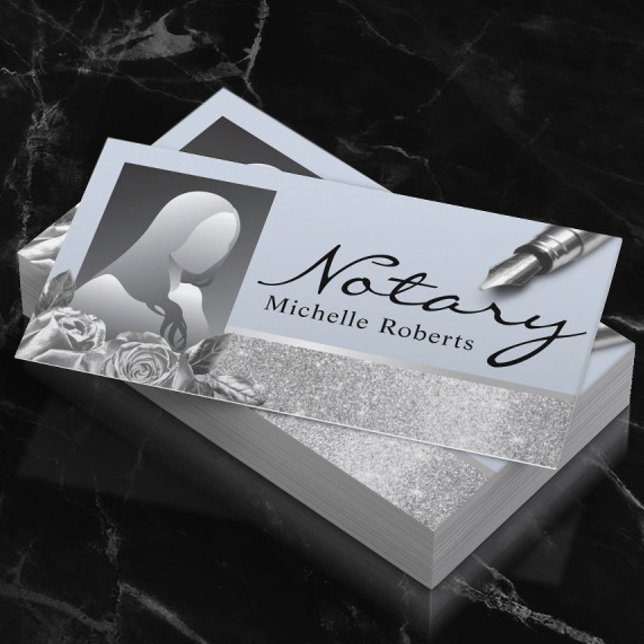 Notary Sigary Silver Blommigt Blue Photo Agent Visitkort (Skapare uppladdad)