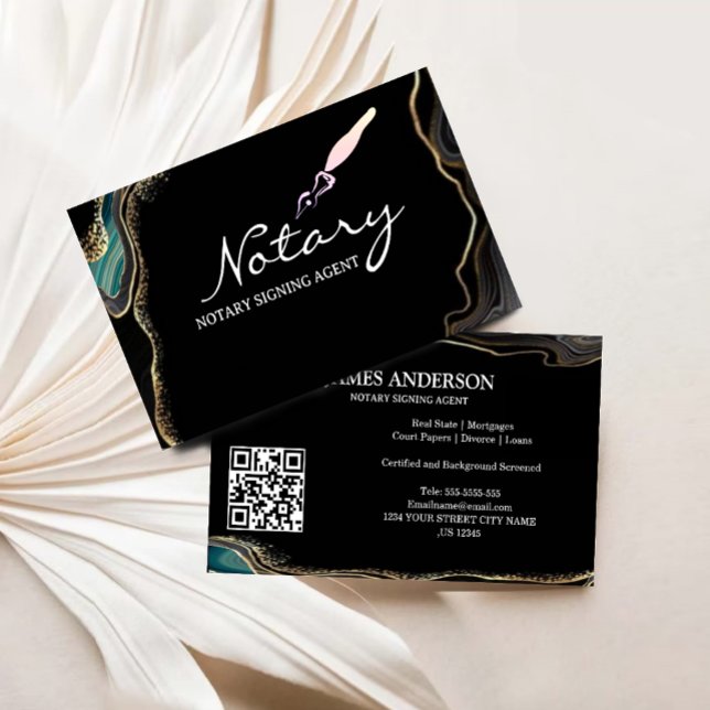 Notary Signing Agent Agate Black Guld Glitter Visitkort (Notary Signing Agent Agate Black Gold Glitter Business Card)