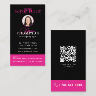 Notary Signing Agent Black Pink Photo QR Code Visitkort
