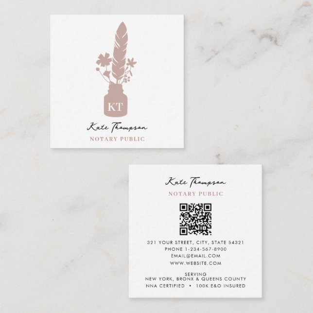 Notary Signing Agent Calligraphy Pink Floral Quill Fyrkantigt Visitkort (Fram/baksida)