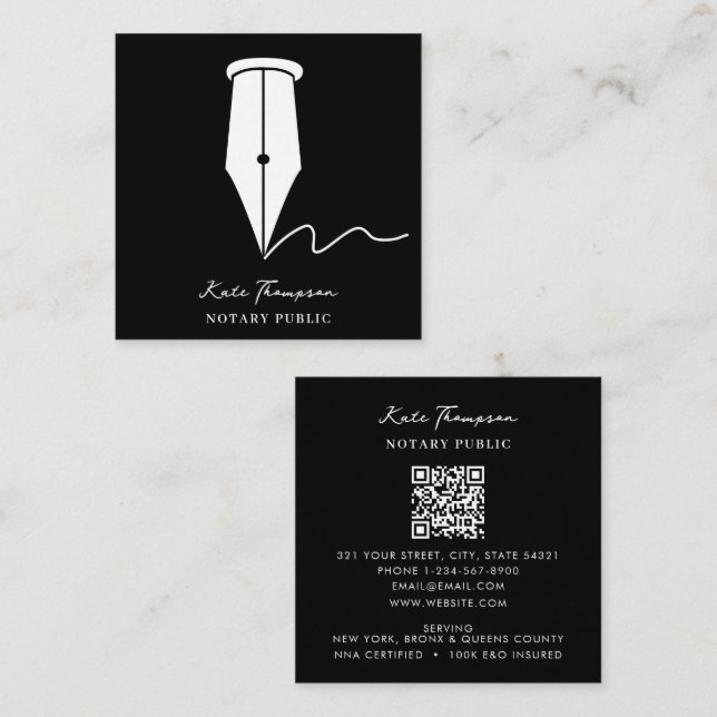 Notary Signing Agent Calligraphy QR Code Black Fyrkantigt Visitkort (Fram/baksida)