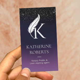 Notary Signing Agent Feather Initial Logotyp Lila Visitkort
