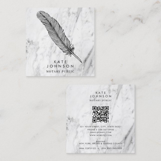 Notary Signing Agent Feather Quill Modern Marble Fyrkantigt Visitkort (Fram/baksida)