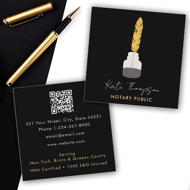 Notary Signing Agent Feather Quill Pen Black Guld Fyrkantigt Visitkort (Notary Signing Agent Feather Quill Pen Black Gold Square Business Card)