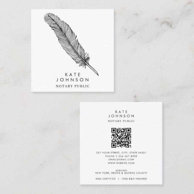 Notary Signing Agent Feather Quill QR-kod Fyrkantigt Visitkort (Fram/baksida)
