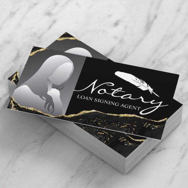 Notary Signing Agent Modern Black Guld Agate Photo Visitkort (Skapare uppladdad)