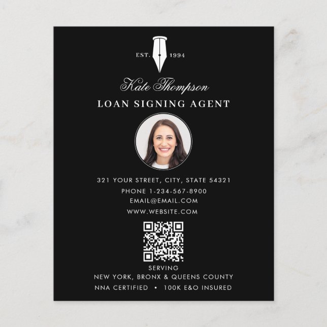 Notary Signing Agent  Modern Black QR Code Photo Flygblad (Framsidan)