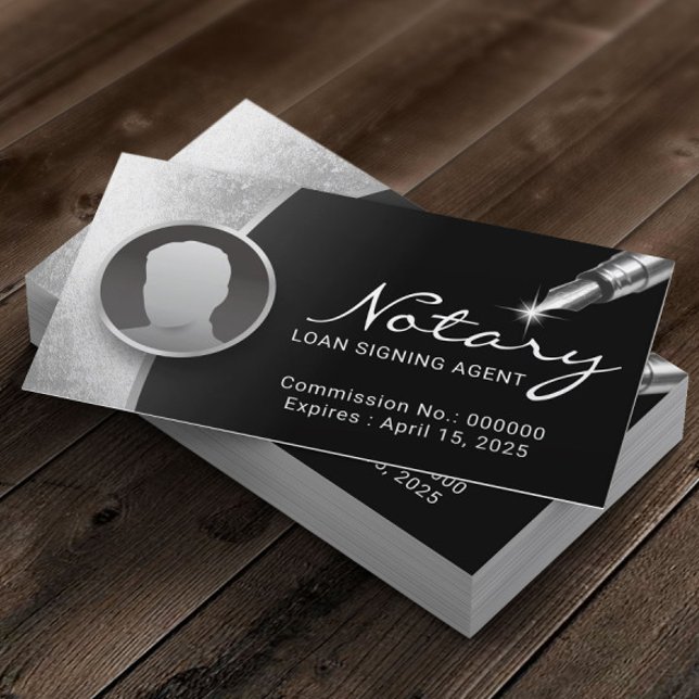 Notary Signing Agent Modern Black & Silver Photo Visitkort (Skapare uppladdad)