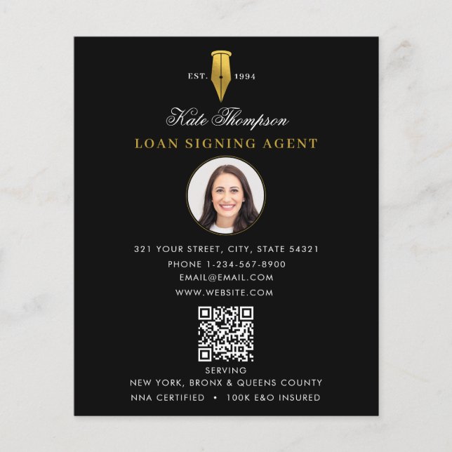 Notary Signing Agent  Modern Gold QR Code Photo Flygblad (Framsidan)