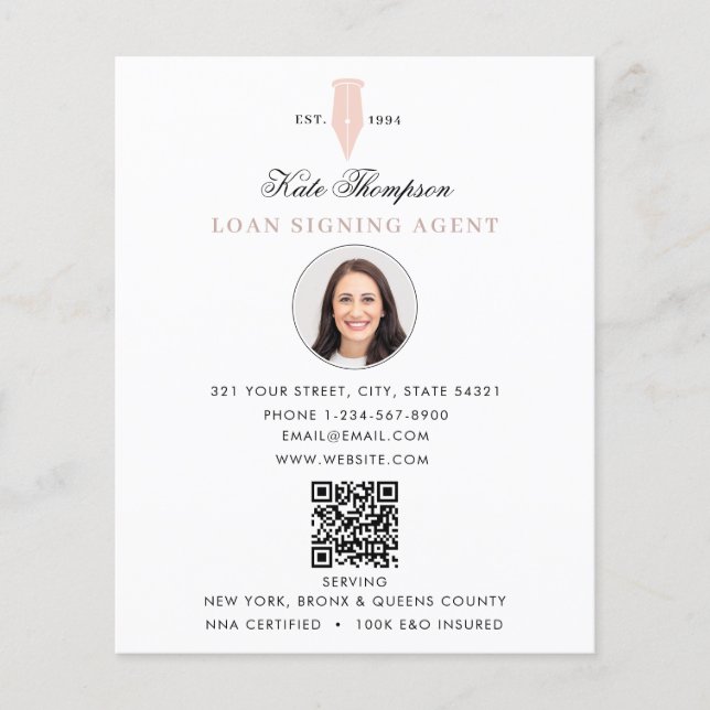Notary Signing Agent  Modern Pink QR Code Photo Flygblad (Framsidan)