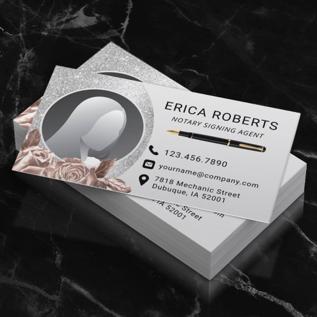 Notary Signing Agent Modern Silver Blommigt Photo Visitkort (Skapare uppladdad)