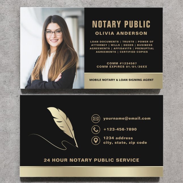 Notary Signing Agent Photo Black & Guld Visitkort (Skapare uppladdad)