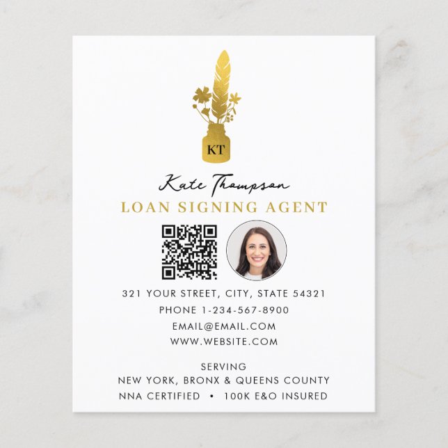 Notary Signing Agent QR Code Photo Botanical Quill Flygblad (Framsidan)