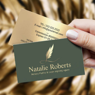 Notary Signing Agent Sage Grönt & Guld Quill Logot Visitkort