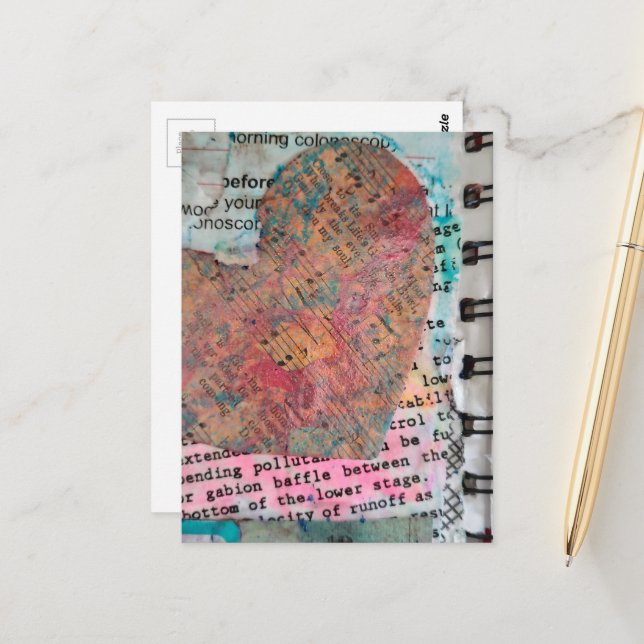 Notblad Hjärta Mixed Media Kollidering Vykort (Fram/Back In Situ)